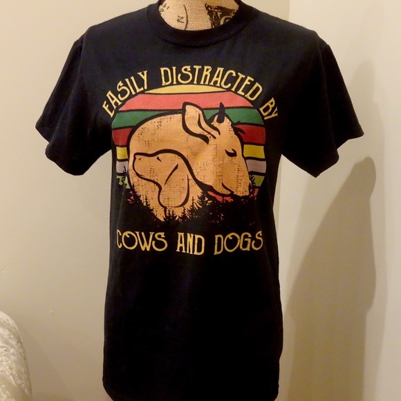 Easily Distracted by Cows and Dogs Animal Lover Unisex Short Sleeve Cotton Tee - Picture 2 of 5